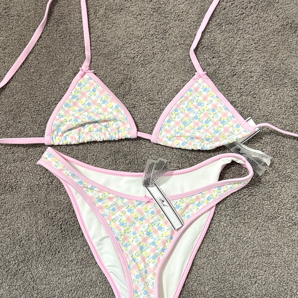 PINK Victoria's Secret Pastel Floral Triangle Bikini Set - Pink Trim